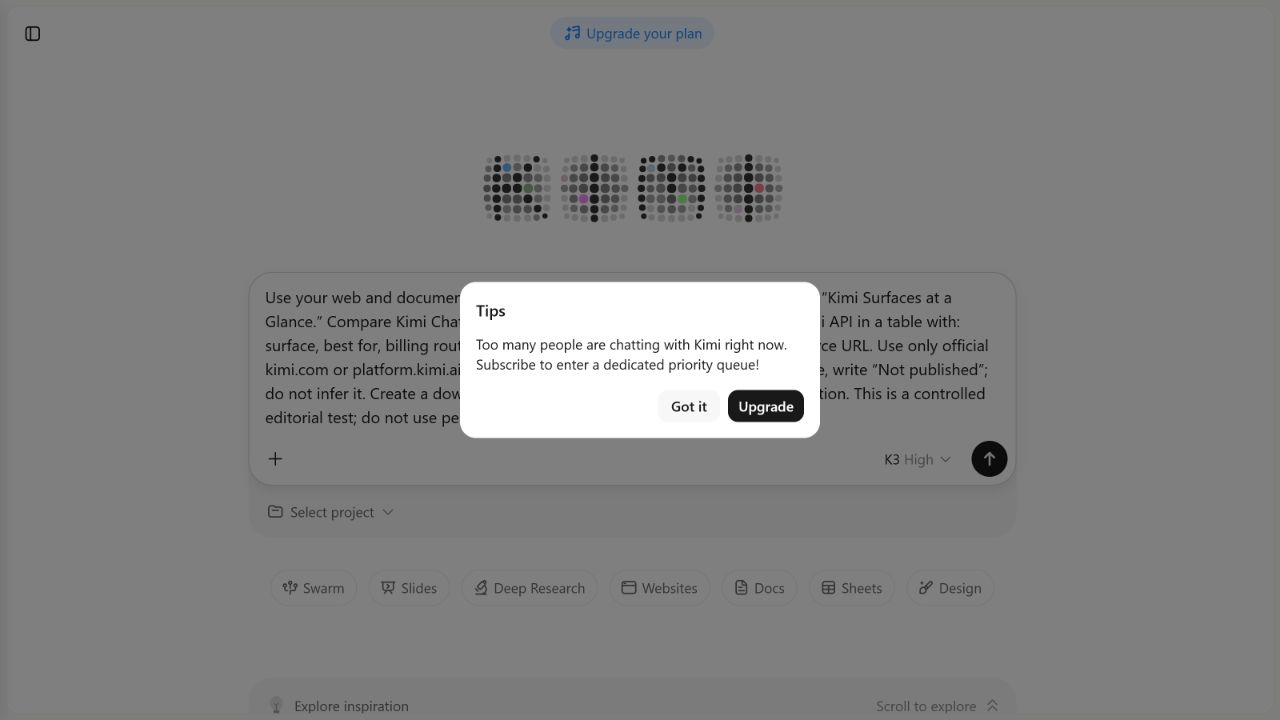 Kimi K3 High screen showing a message that too many people are chatting and offering a priority queue with subscription.