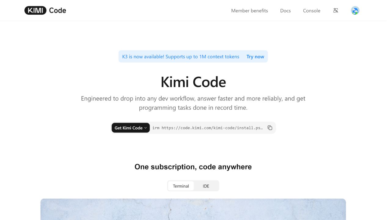 Official Kimi Code page showing the Windows PowerShell installer and K3 one-million-token notice.