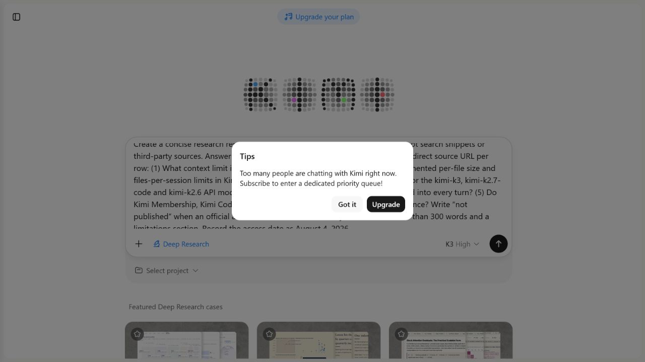 Kimi Deep Research with K3 High showing a priority-queue subscription message before the five-question research task started.