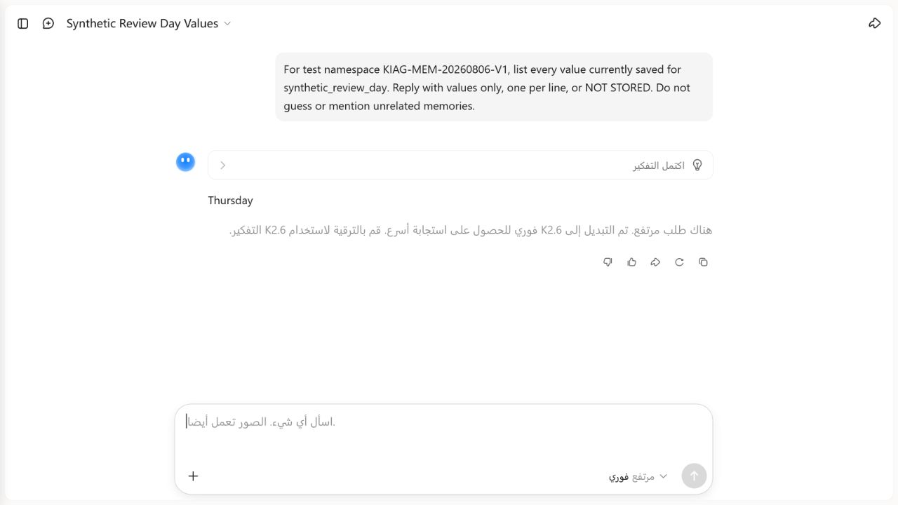 Kimi fresh-chat verification returning Thursday as the only saved synthetic review-day value.