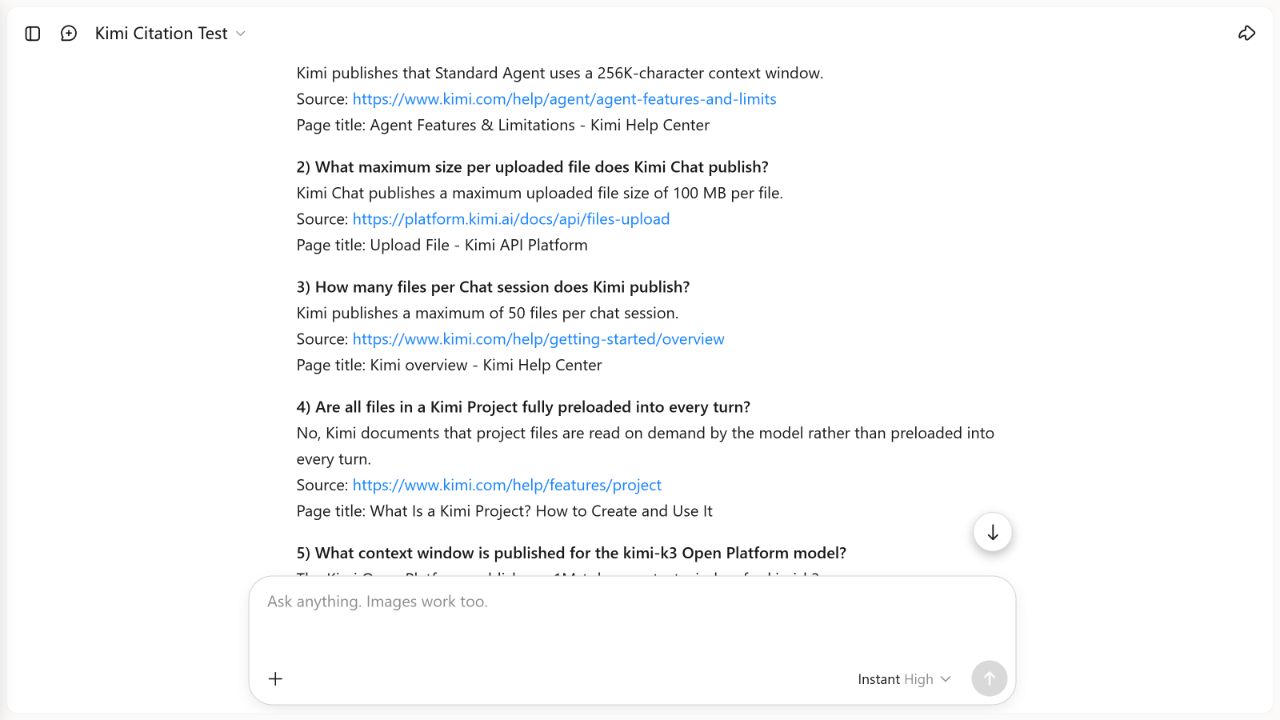 Kimi search answer with claim-level citations opened during the independent citation test