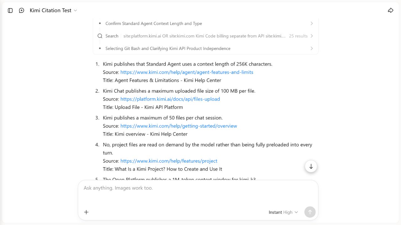 Second Kimi Search citation test repeating the 100 MB answer with the Open Platform Files API source.