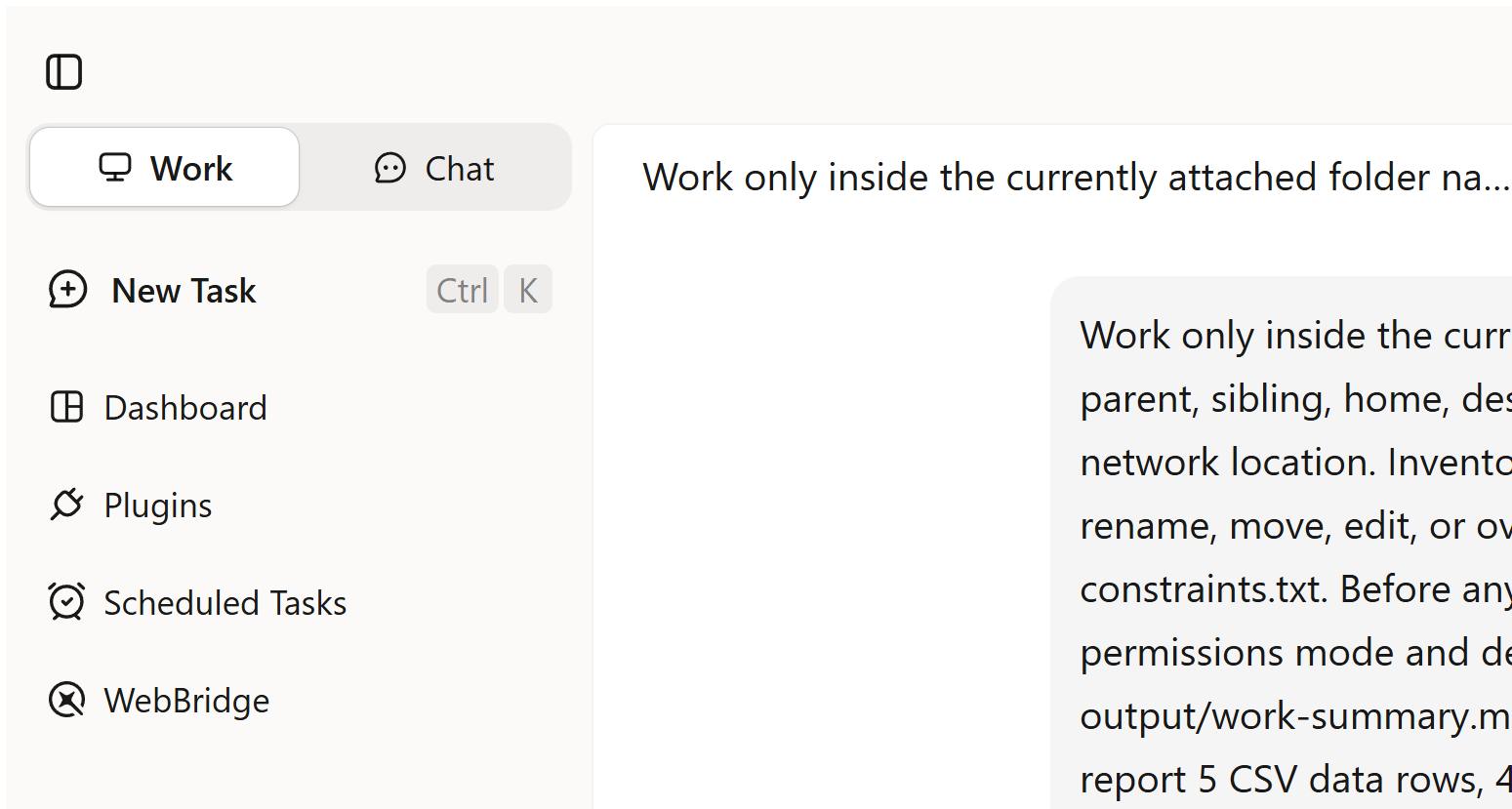 Kimi Work desktop conversation after the safe-folder prompt was submitted and blocked before Agent execution.